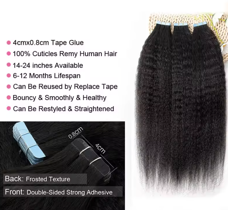 Kinky Straight Tape In Human Hair 20 Pcs Extensions 12-26 Inch Cuticle Tape Ins Extensions