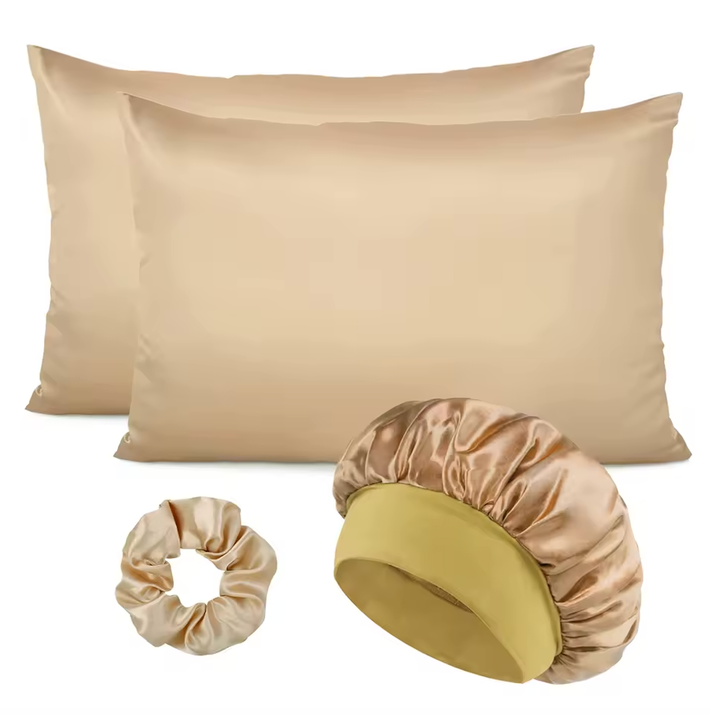 Satin Hair Protection Bonnet Cap 4 Pcs Pillow Case Silk Set Scrunchie Sleep