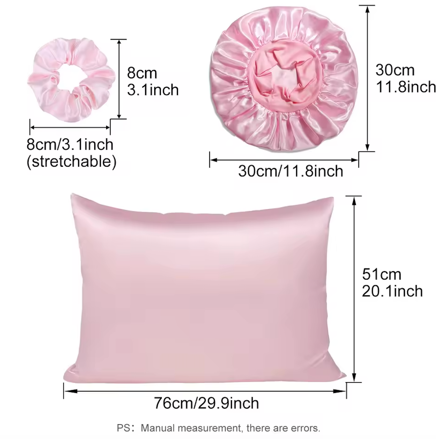 Satin Hair Protection Bonnet Cap 4 Pcs Pillow Case Silk Set Scrunchie Sleep