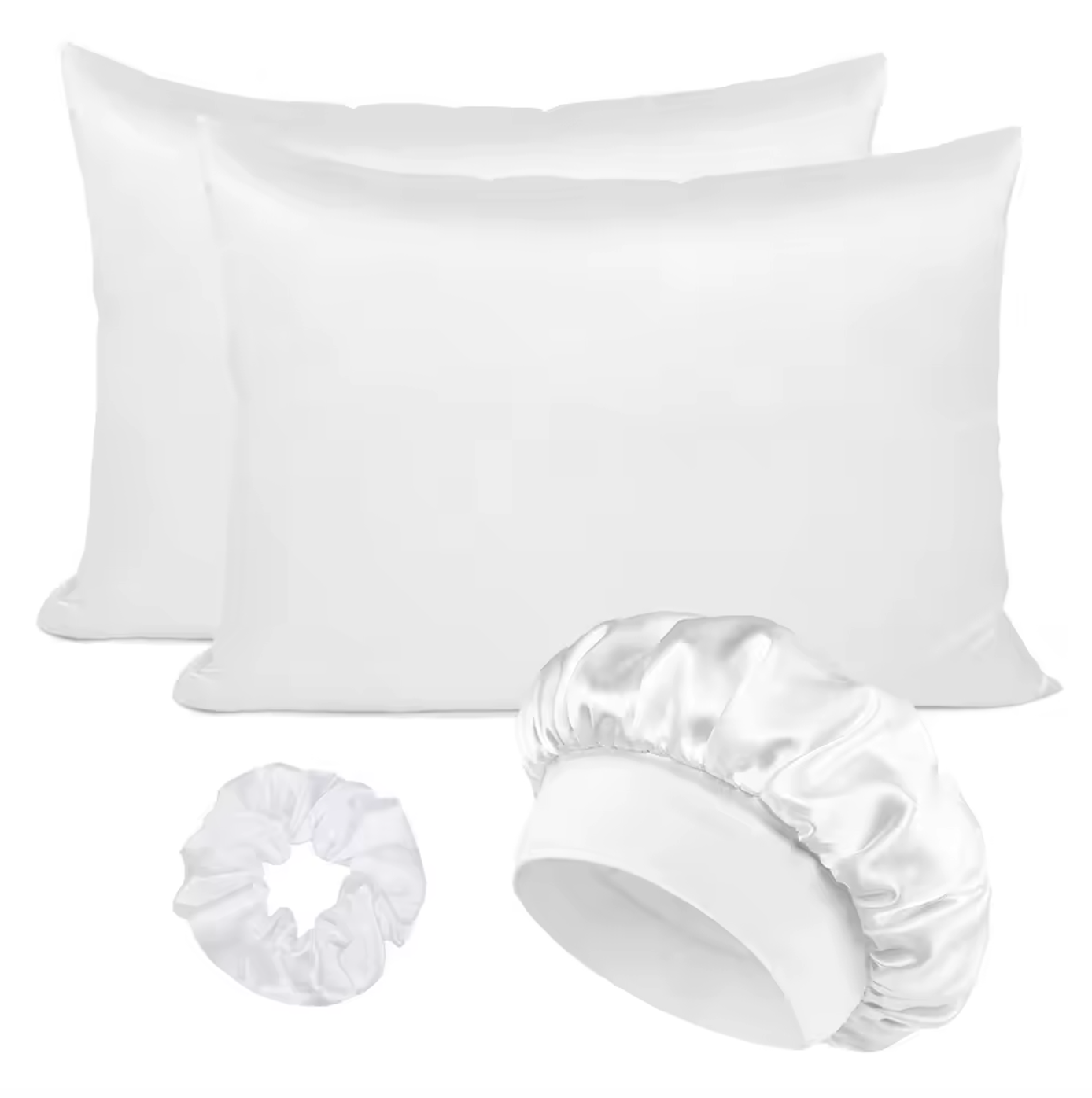 Satin Hair Protection Bonnet Cap 4 Pcs Pillow Case Silk Set Scrunchie Sleep