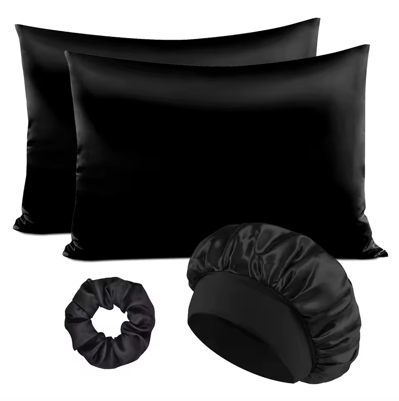 Satin Hair Protection Bonnet Cap 4 Pcs Pillow Case Silk Set Scrunchie Sleep