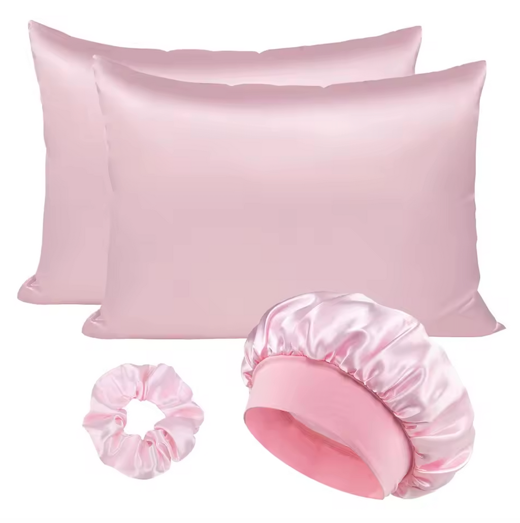 Satin Hair Protection Bonnet Cap 4 Pcs Pillow Case Silk Set Scrunchie Sleep