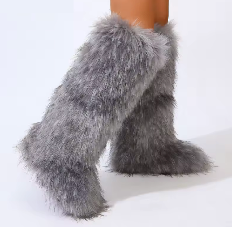 Thigh High Large Fluffy Fur Boots Faux Furry Extra Long Fashion Winter Boots For Women