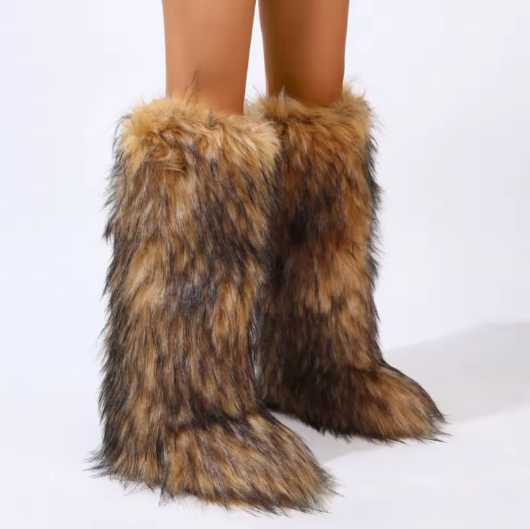 Thigh High Large Fluffy Fur Boots Faux Furry Extra Long Fashion Winter Boots For Women