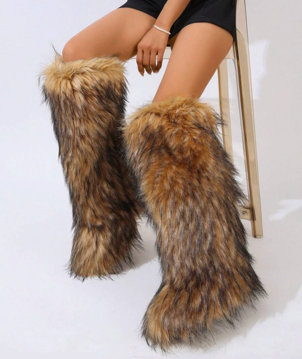 Thigh High Large Fluffy Fur Boots Faux Furry Extra Long Fashion Winter Boots For Women