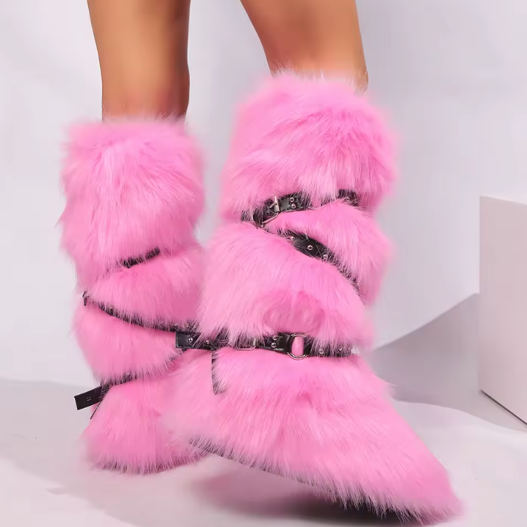 Faux Fur Y2K Style Boots Belt Tie Fashion Knee Slip On Plush Hard Bottom Boots