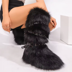 Faux Fur Y2K Style Boots Belt Tie Fashion Knee Slip On Plush Hard Bottom Boots