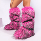 Faux Fur Y2K Style Boots Belt Tie Fashion Knee Slip On Plush Hard Bottom Boots