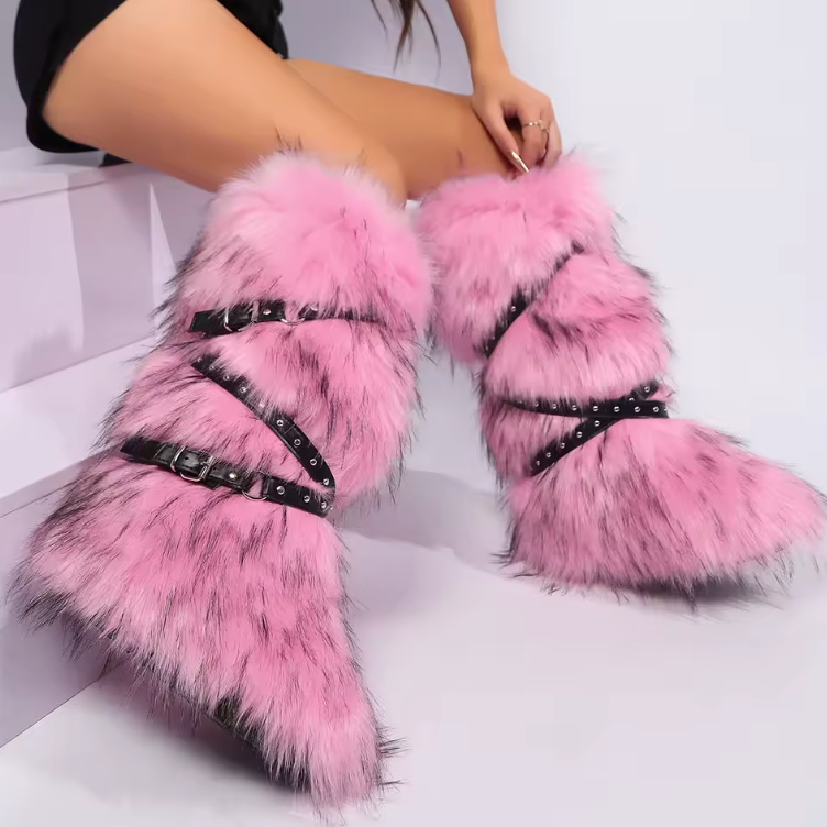 Faux Fur Y2K Style Boots Belt Tie Fashion Knee Slip On Plush Hard Bottom Boots