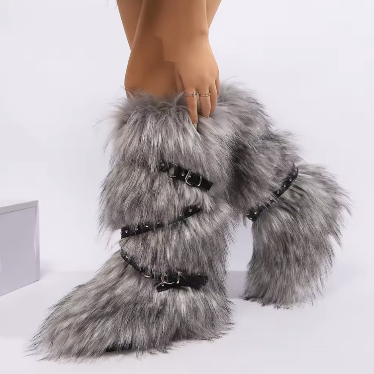 Faux Fur Y2K Style Boots Belt Tie Fashion Knee Slip On Plush Hard Bottom Boots