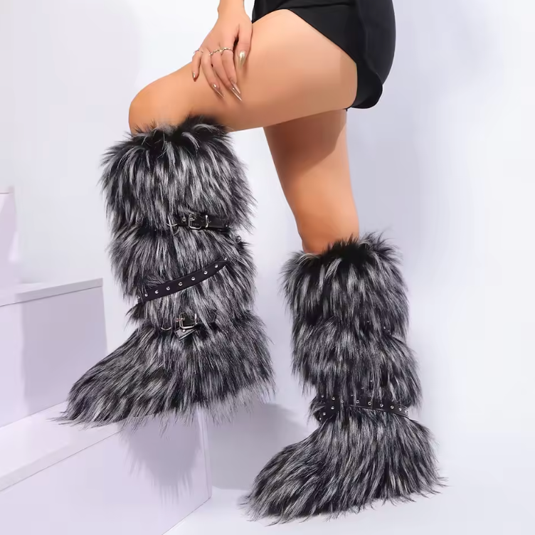 Faux Fur Y2K Style Boots Belt Tie Fashion Knee Slip On Plush Hard Bottom Boots