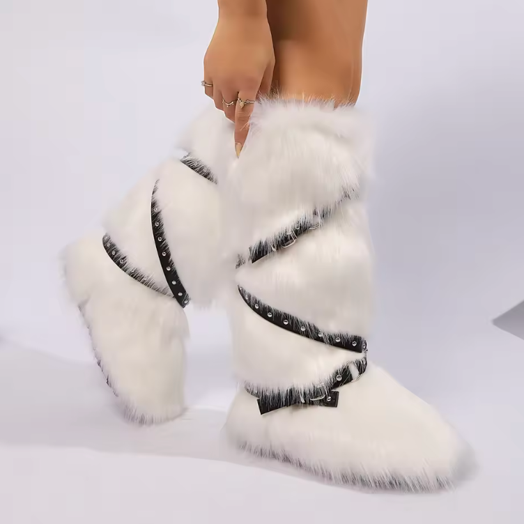 Faux Fur Y2K Style Boots Belt Tie Fashion Knee Slip On Plush Hard Bottom Boots