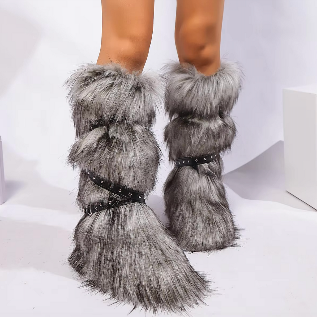 Faux Fur Y2K Style Boots Belt Tie Fashion Knee Slip On Plush Hard Bottom Boots