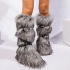 Faux Fur Y2K Style Boots Belt Tie Fashion Knee Slip On Plush Hard Bottom Boots