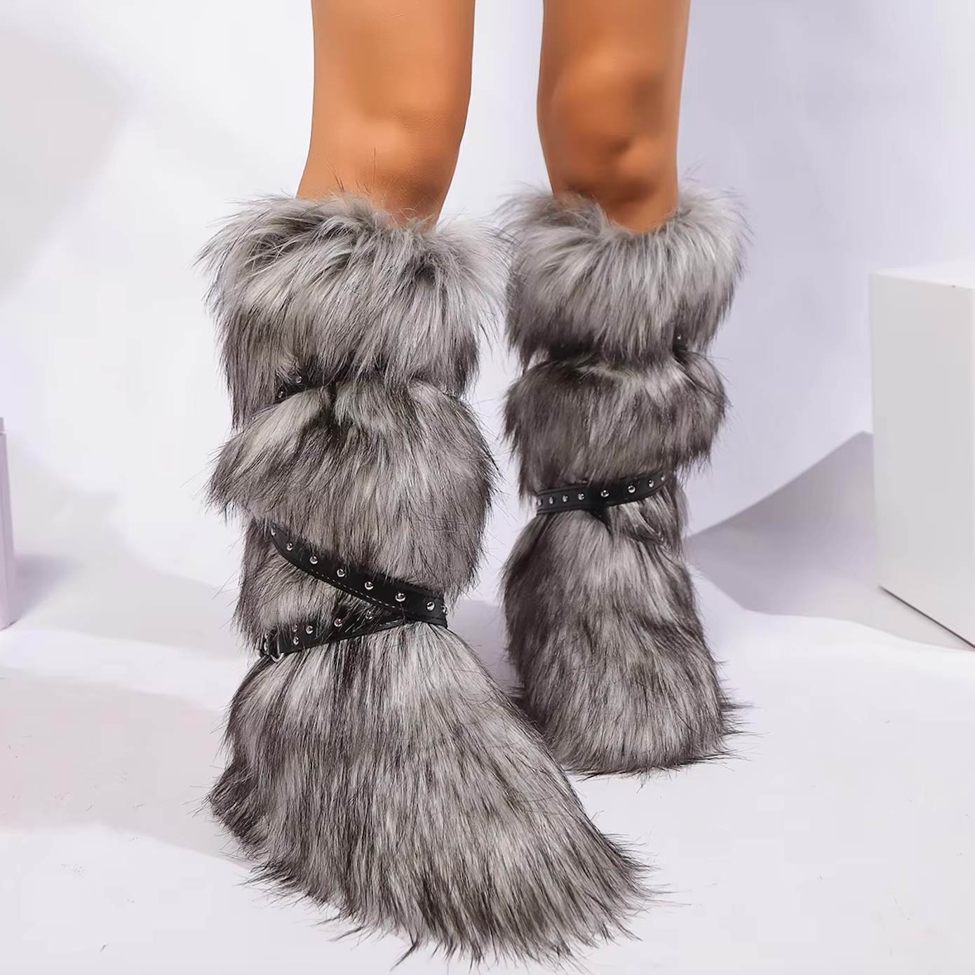Faux Fur Y2K Style Boots Belt Tie Fashion Knee Slip On Plush Hard Bottom Boots