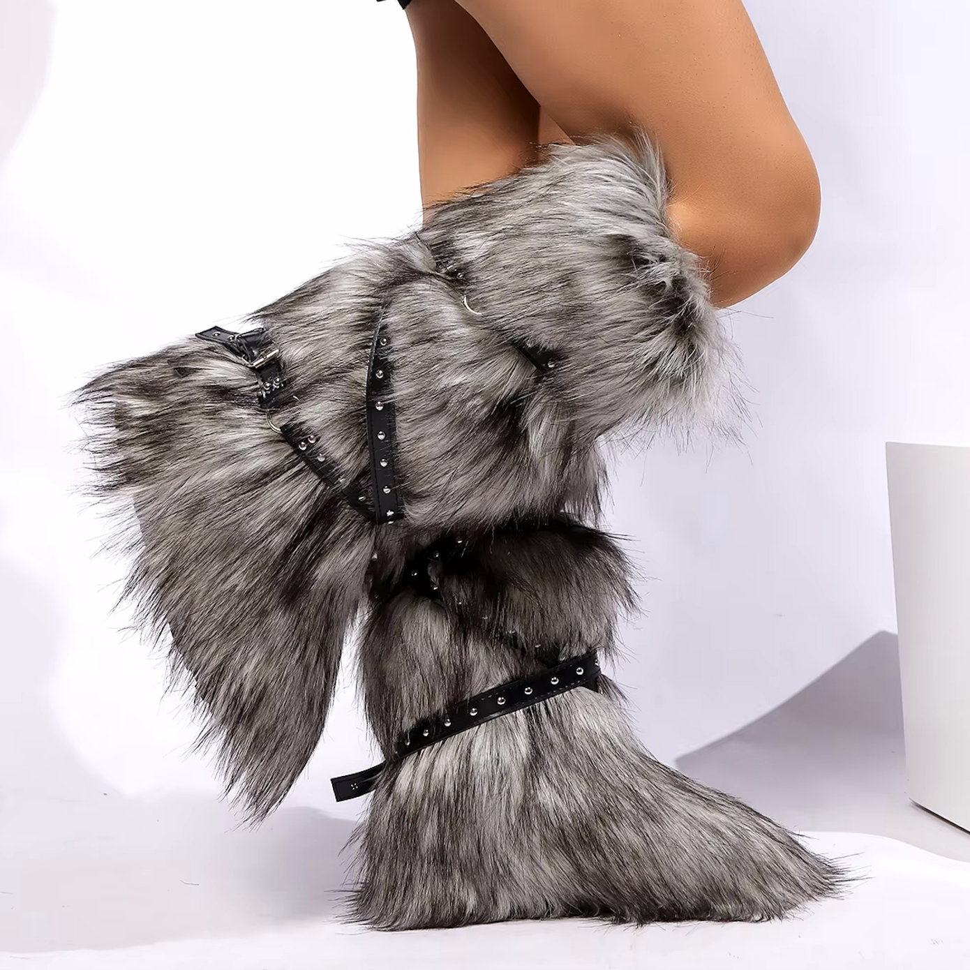 Faux Fur Y2K Style Boots Belt Tie Fashion Knee Slip On Plush Hard Bottom Boots