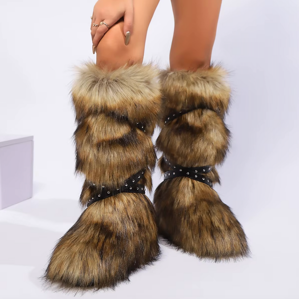 Faux Fur Y2K Style Boots Belt Tie Fashion Knee Slip On Plush Hard Bottom Boots
