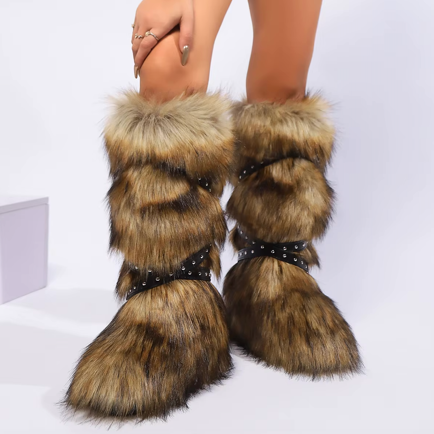 Faux Fur Y2K Style Boots Belt Tie Fashion Knee Slip On Plush Hard Bottom Boots