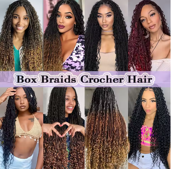 Bohemian Crochet Box Braids Pre Looped Curly Ends Synthetic Boho Goddess Ombre 1-8 Pack 14-24 Inch Hair Extensions