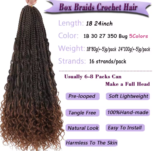 Bohemian Crochet Box Braids Pre Looped Curly Ends Synthetic Boho Goddess Ombre 1-8 Pack 14-24 Inch Hair Extensions
