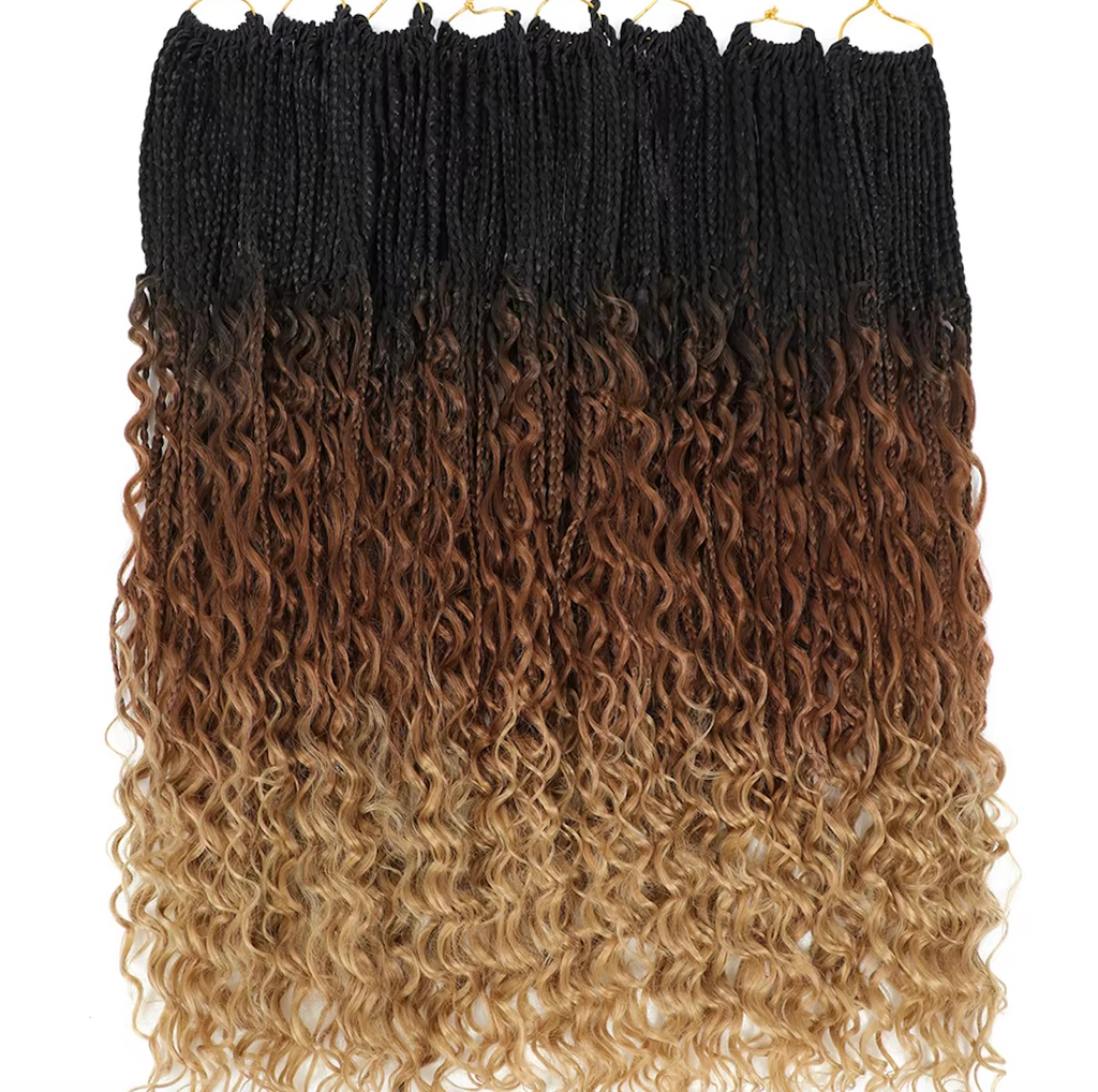 Bohemian Crochet Box Braids Pre Looped Curly Ends Synthetic Boho Goddess Ombre 1-8 Pack 14-24 Inch Hair Extensions