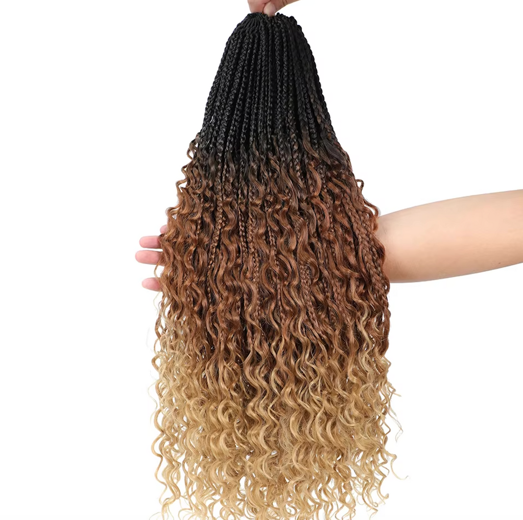 Bohemian Crochet Box Braids Pre Looped Curly Ends Synthetic Boho Goddess Ombre 1-8 Pack 14-24 Inch Hair Extensions