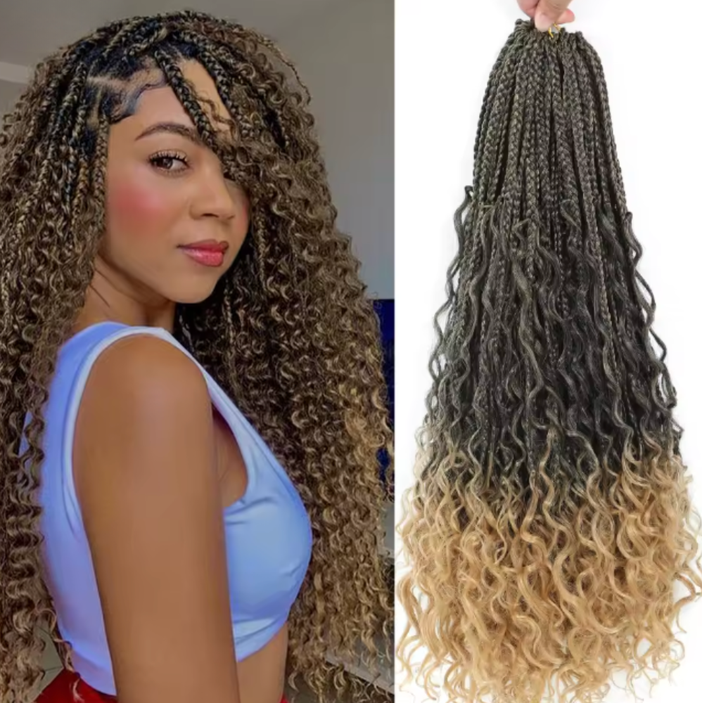 Bohemian Crochet Box Braids Pre Looped Curly Ends Synthetic Boho Goddess Ombre 1-8 Pack 14-24 Inch Hair Extensions