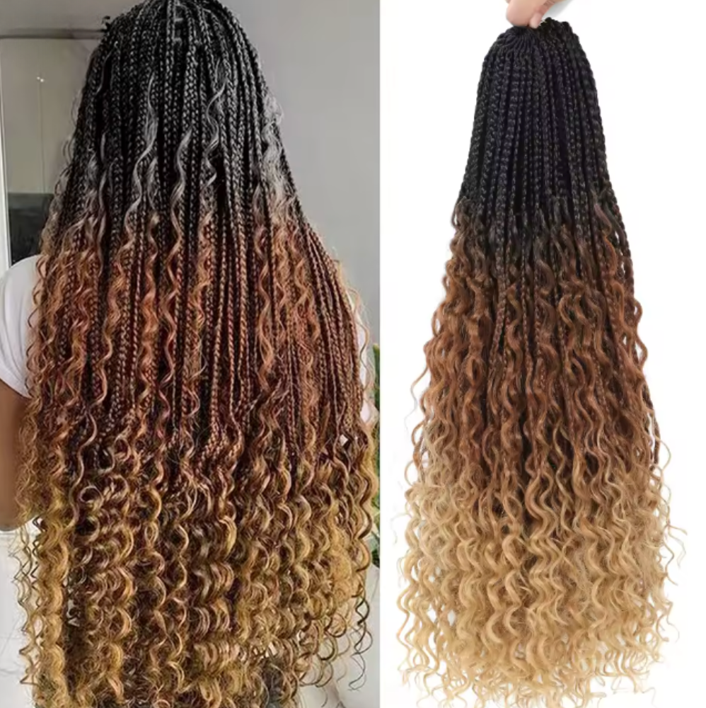 Bohemian Crochet Box Braids Pre Looped Curly Ends Synthetic Boho Goddess Ombre 1-8 Pack 14-24 Inch Hair Extensions