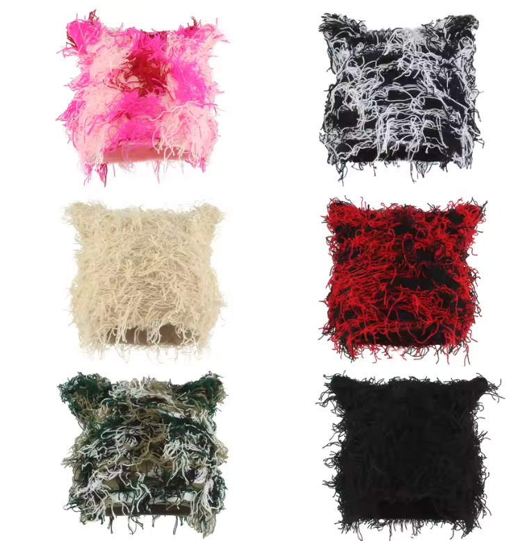 Trending Distressed Beanie Hat Winter Fall Fashion Y2K Skullie Street Wear Punk Rock Cat Ear Cap