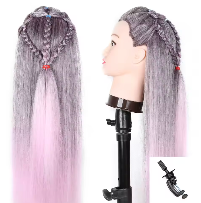 Styling Mannequin Practice Head Ombre color Childrens Elderly New Stylist Braiding Twisting practice Synthetic Hair with Clamp Stand Long Training Practice Hairdressing Appliance Tool