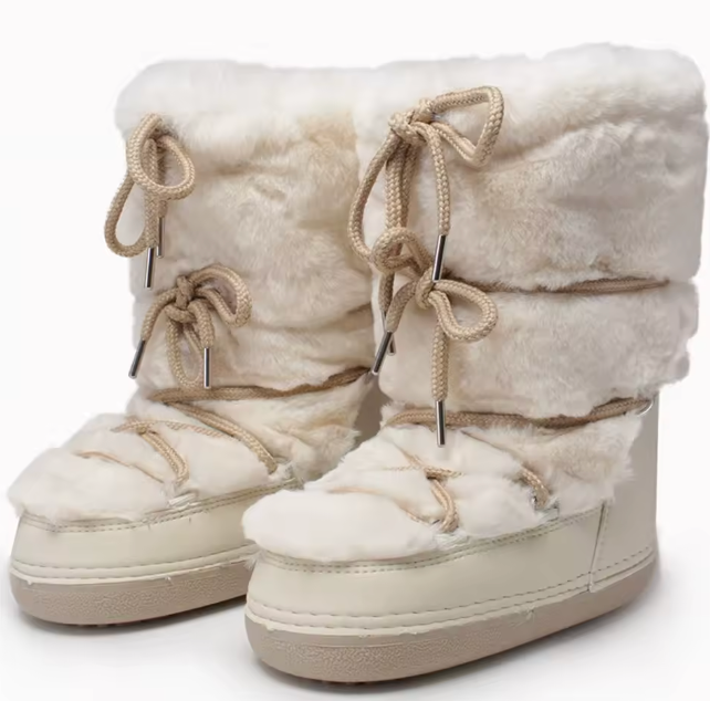 Winter Faux Fur Plush Mid Calf Boots Female Platform Nonslip Thick Cotton Padded Lace Boots