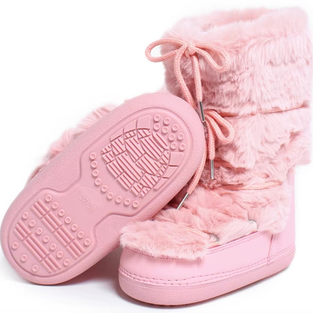 Winter Faux Fur Plush Mid Calf Boots Female Platform Nonslip Thick Cotton Padded Lace Boots