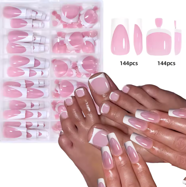 144 Pcs Set French Tip Press On Nails + Toenails DIY High Quality Set (144PCS) | Salon Look in Minutes