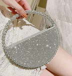 Round Hollow Clutch Purse Trending Rhinestone Silver Evening Mini Handbag For Women