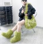 Womans Handbag And Shoes Set Furry Tote Criss Cross Design Bag With Plush fur boots