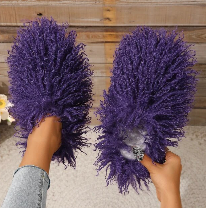 Furry Womans Home Slippers Warm Cozy Faux Fur Slip On House Slippers