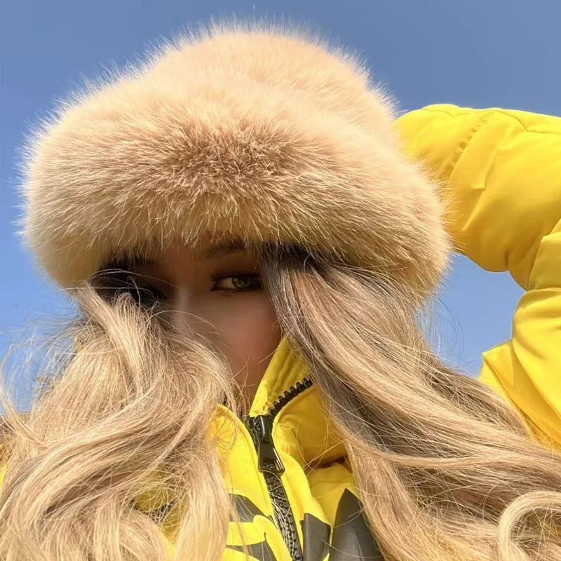 Faux Plush Y2K Luxury Fluffy Fur Bucket Hat Rabbit Fur Warm Panama Fishermans Winter Headwear