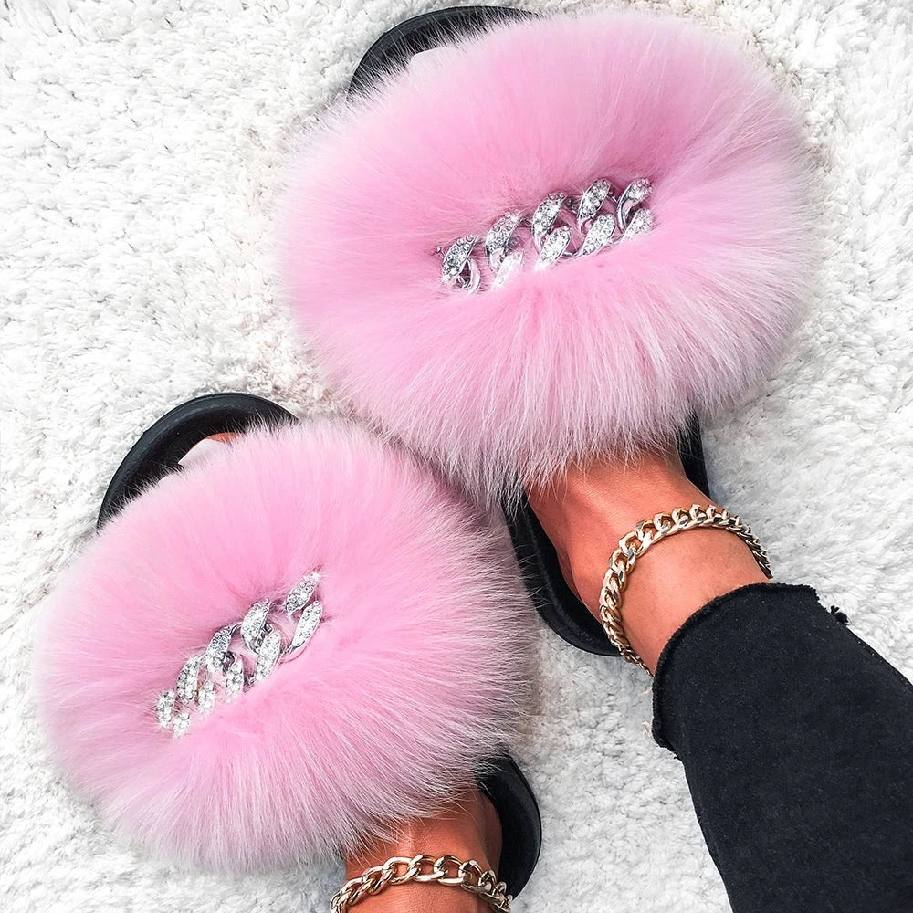 Fluffy Fox Fur Slides Silver Rhinestone Diamond Chain Design Flip Flop Shoes