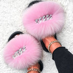 Fluffy Fox Fur Slides Silver Rhinestone Diamond Chain Design Flip Flop Shoes