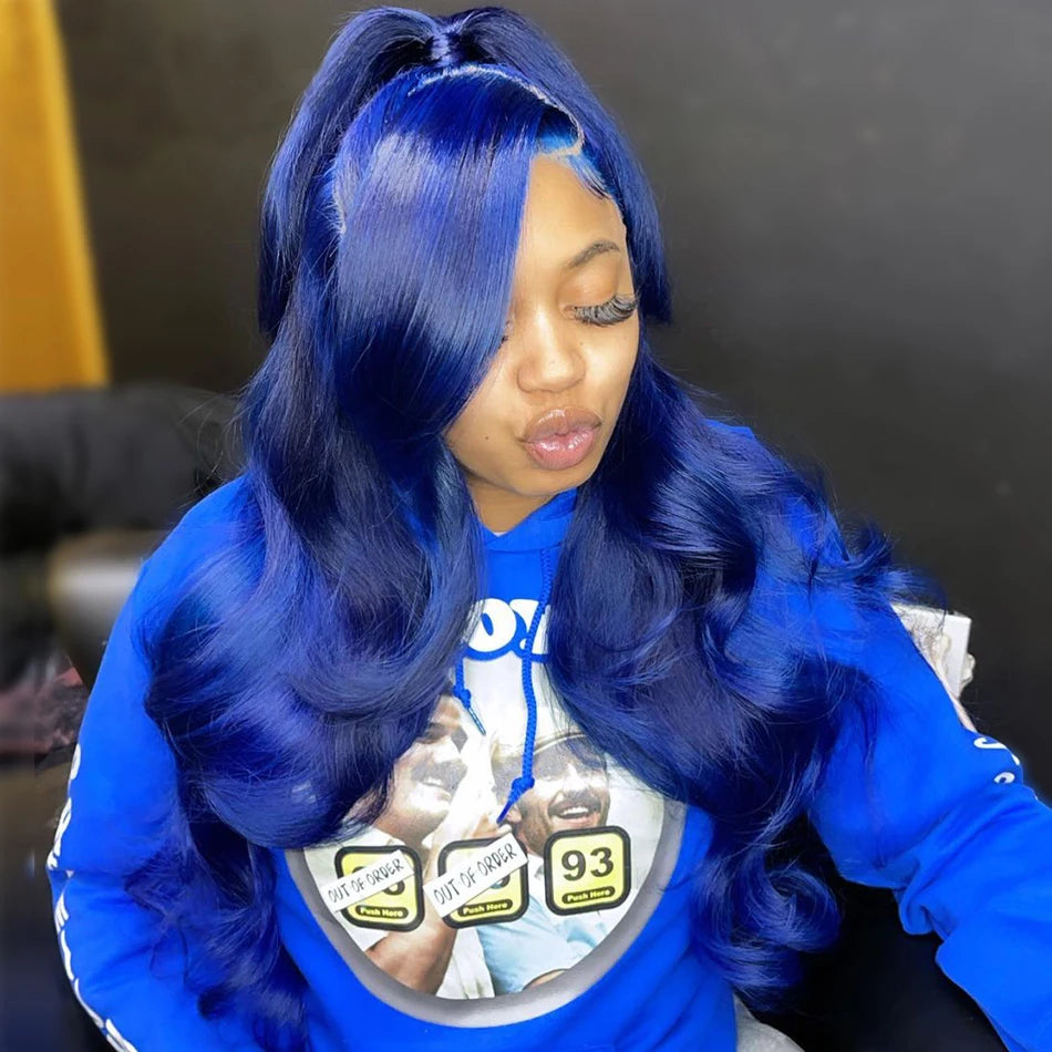 Blue Body wave Straight Brazilian Human Hair Wig Pre Plucked 13x4 Closure 180% Density Lace Front Wig