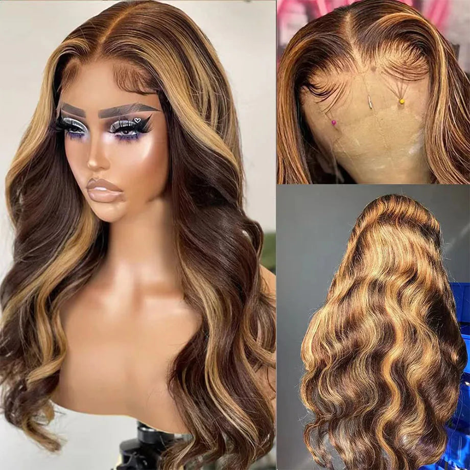 Honey Blond Highlight Body Wave Brazilian Hair 150% 180% Density Human Hair Wig