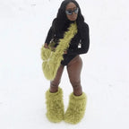 Womans Handbag And Shoes Set Furry Tote Criss Cross Design Bag With Plush fur boots