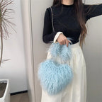 Heart Shape Shoulder Y2k Woman Plush Purse Furry Chain Trendy Satchel Handbag