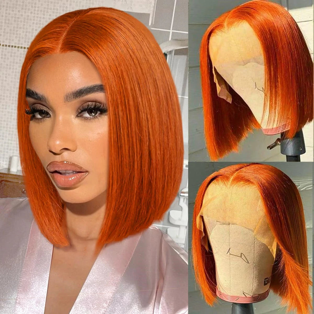 Ginger Orange Brazilian Bob Wig Bone Straight 180% 150% Density 13x4 Human Hair HD Lace Front Wig