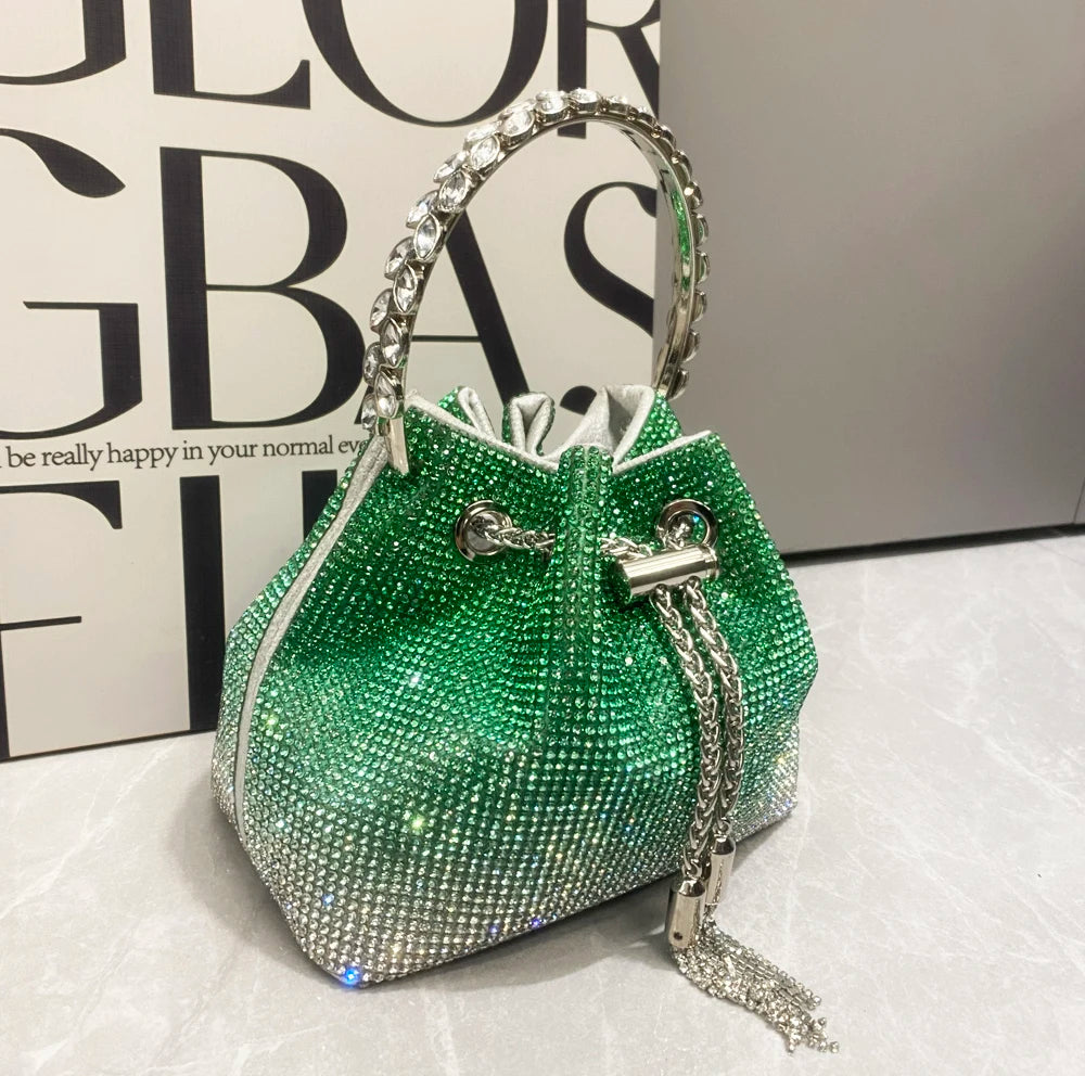 Rhinestone Clutch Purse Trending Handbags Crystal Bucket Shoulder Medium Shiny Bag