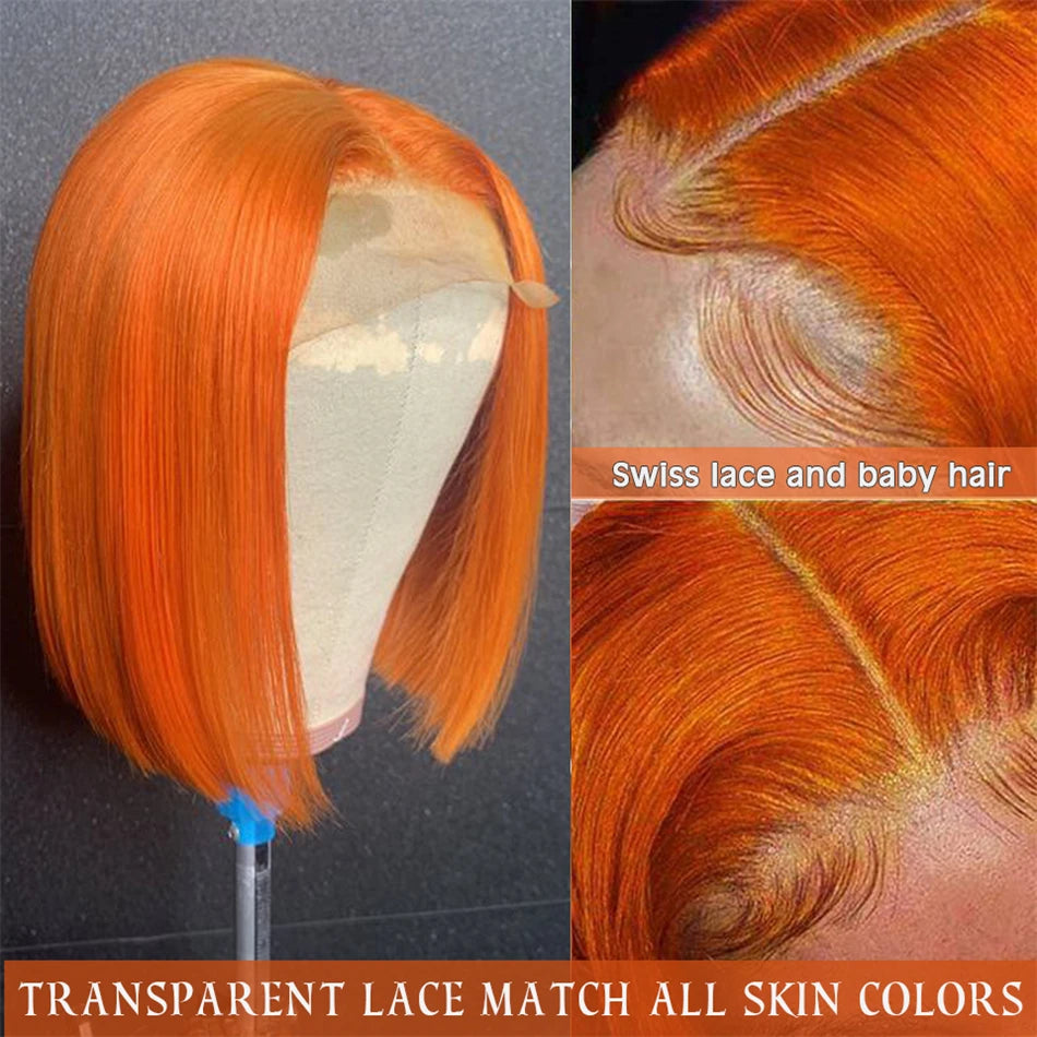 Ginger Orange Brazilian Bob Wig Bone Straight 180% 150% Density 13x4 Human Hair HD Lace Front Wig