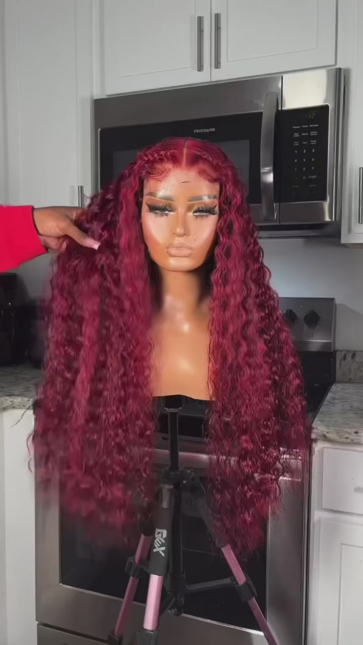 Burgundy Red 99J Deep Wave Brazilian 13x4 13x6 Hd Lace Frontal Deep Curl Human Hair Curly Wig
