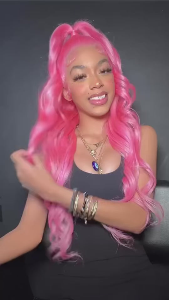 Bubble Gum Pink Bright Body Wave Pre Plucked Natural Hairline Human Hair Lace Front Wig