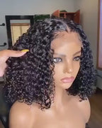 Deep Wave Natural Short Bob 13x4 180% Density Human Black Hair Lace Front Curly Wig Unit