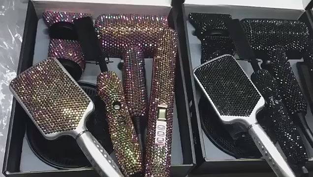 Rhinestone 4Pcs Set Hair Tools Bedazzled Blow Dryer Hot Comb Flat Iron Brush Crystal Hair Styling Tools
